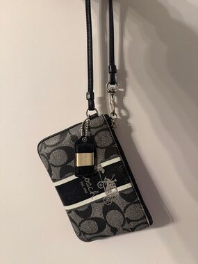 Coach Black and Silver Signature Wristlet with Stripe